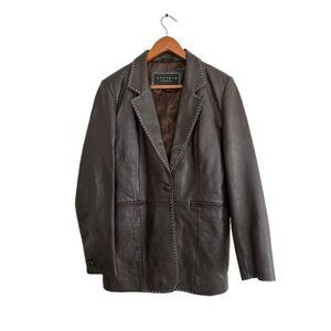 LEATHER Elements Brown 100% Leather Jacket Beige Stitching Pockets Lined Y2K